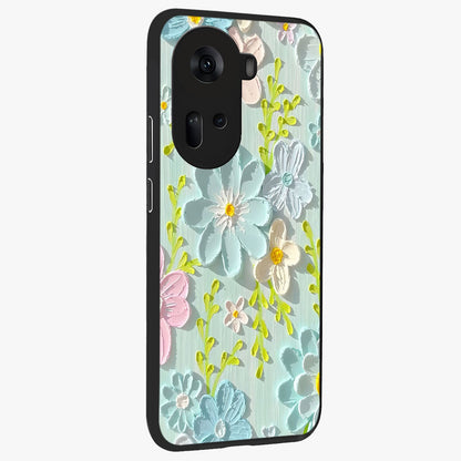 Frosted Petal Garden Glass Case upright view showcasing elegant floral garden artwork with soothing pastel theme.