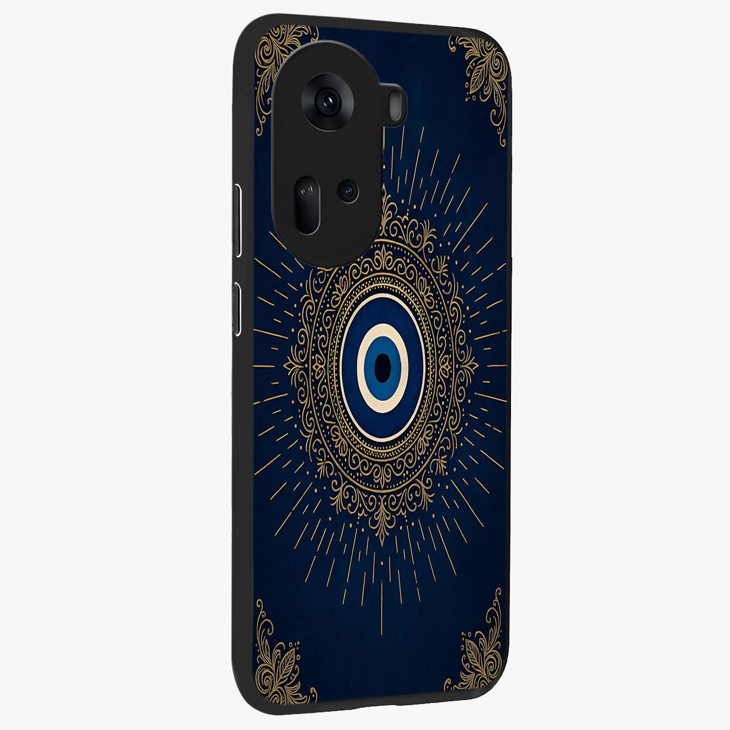 Golden Celestial Charm Glass Case upright view showcasing radiant celestial artwork with elegant golden theme.