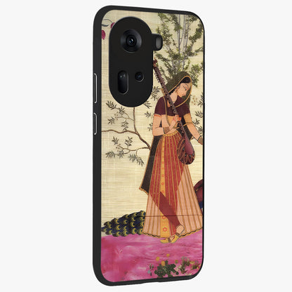 Lady With Veena Art Glass Case upright view showcasing classical veena artwork with traditional artistic theme.