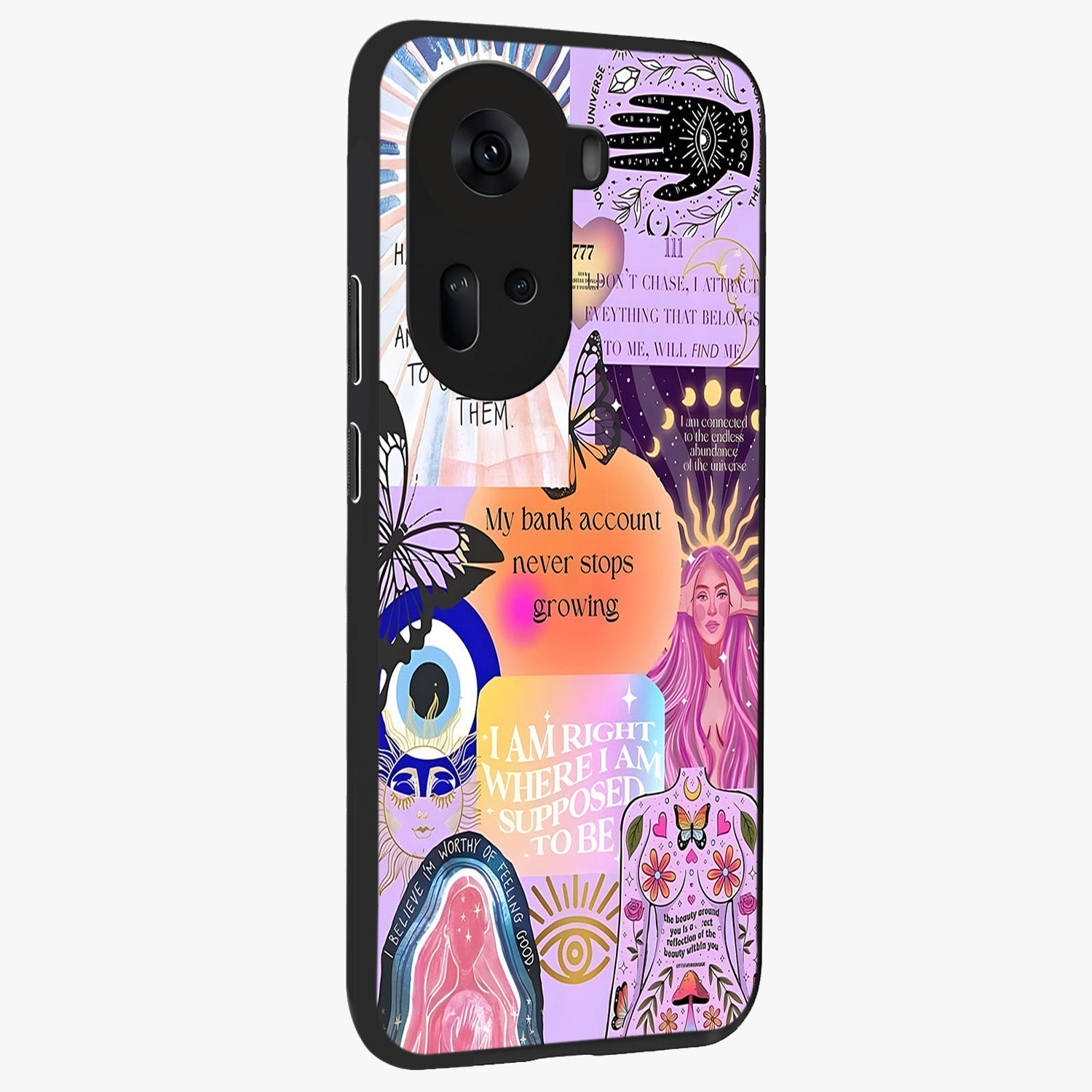 Manifestation Collage Glass Case upright view showcasing artistic manifestation themed artwork with creative style.