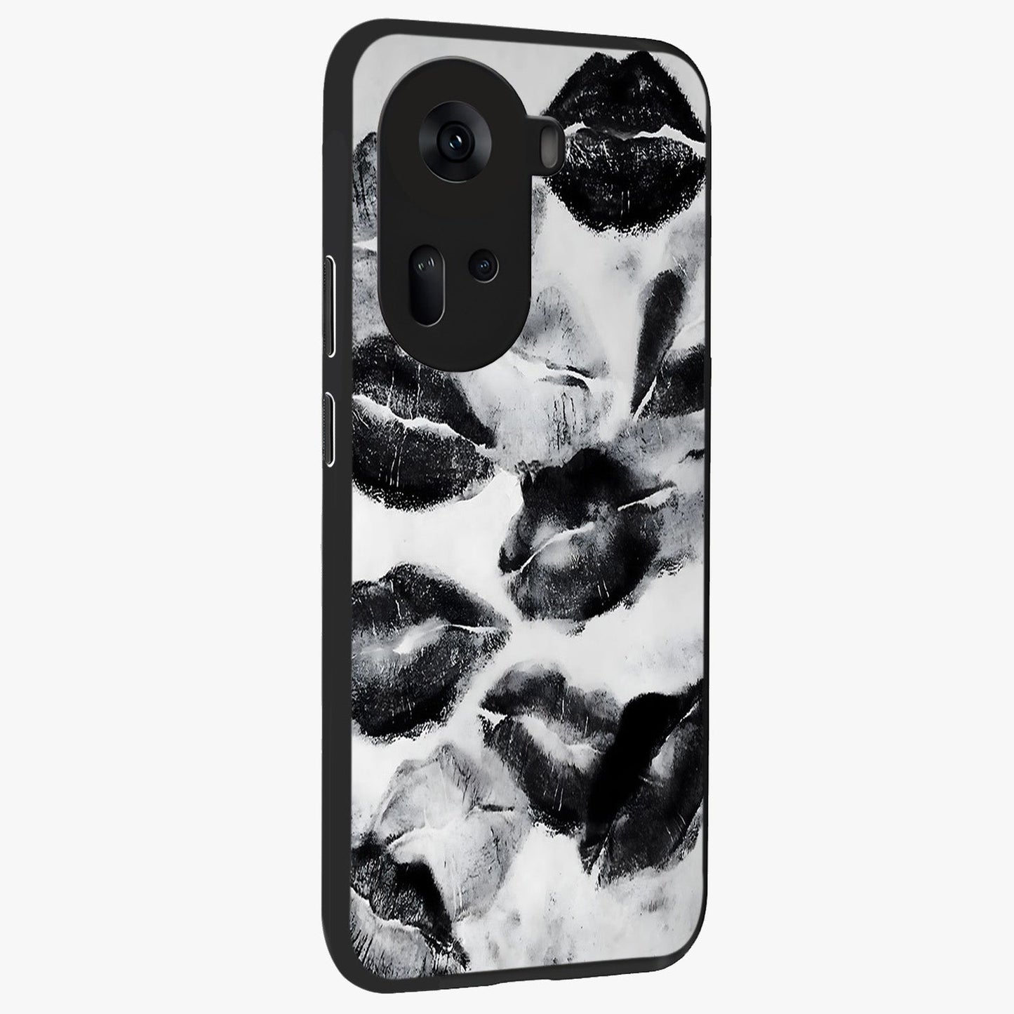 Midnight Kiss Marks Glass Case upright view showcasing stylish kiss mark artwork with trendy romantic theme.