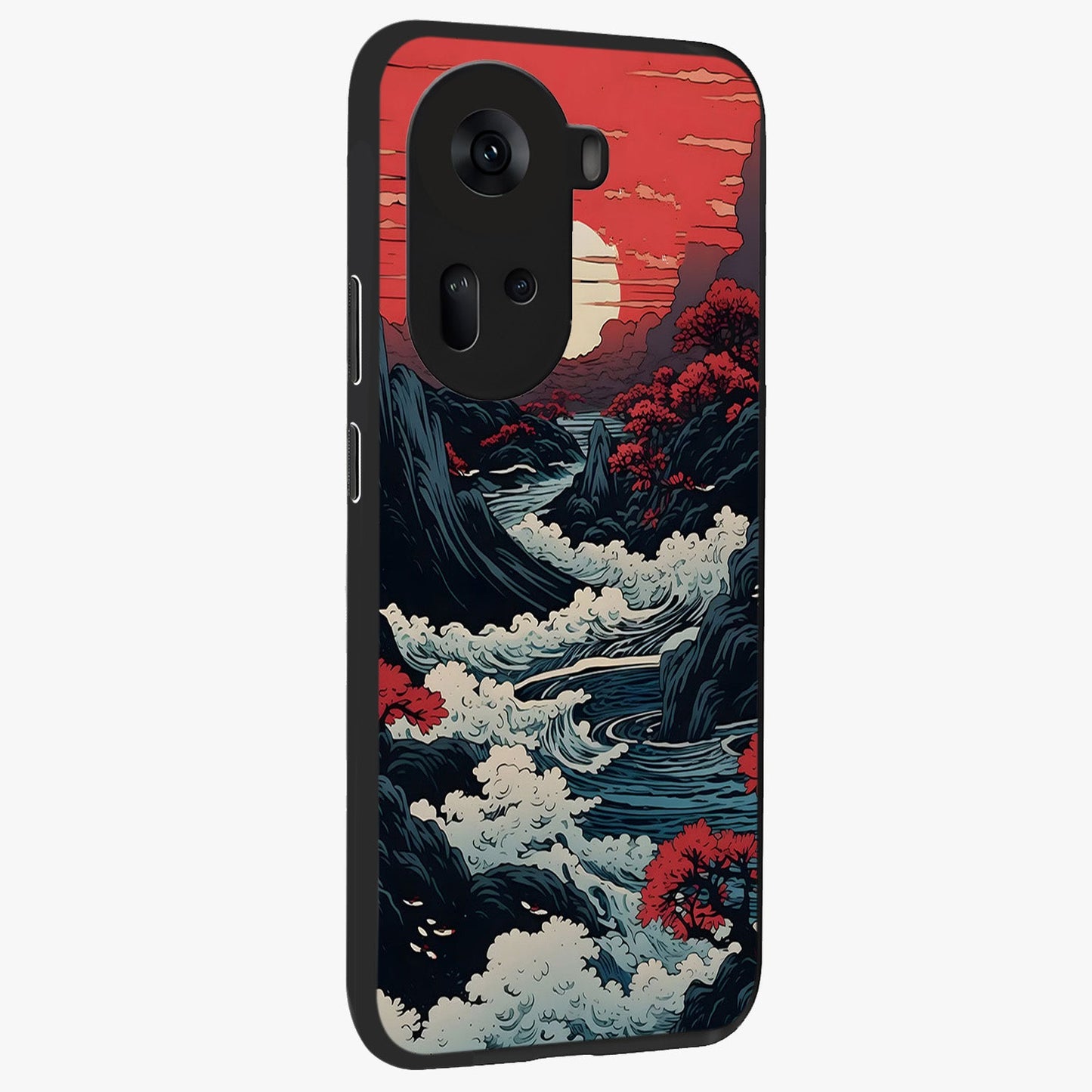 Red Sunset Scenery Glass Case upright view showcasing dramatic sunset scenery artwork with warm nature theme.