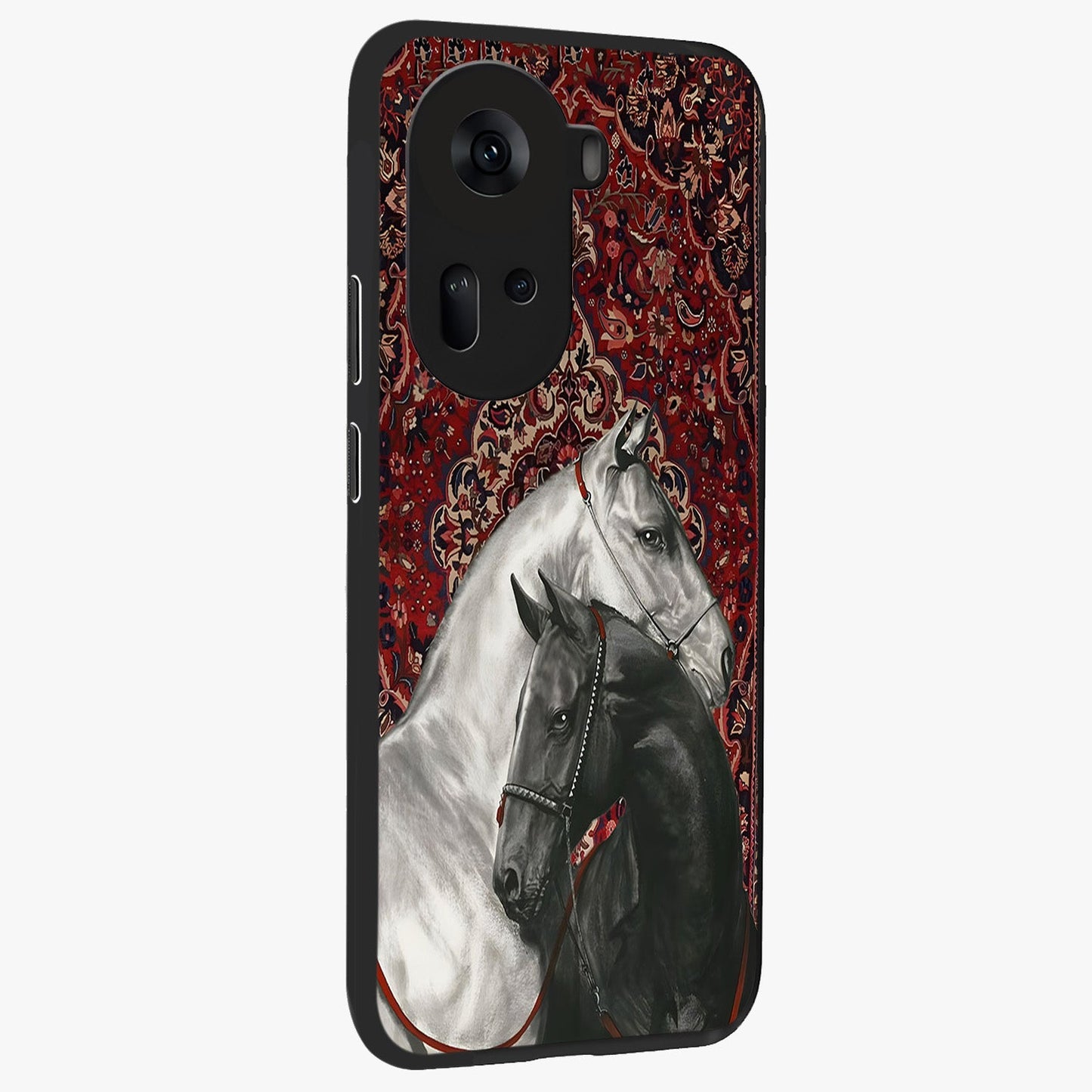 Regal Stallion Tapestry Glass Case upright view showcasing powerful horse artwork with elegant tapestry theme.