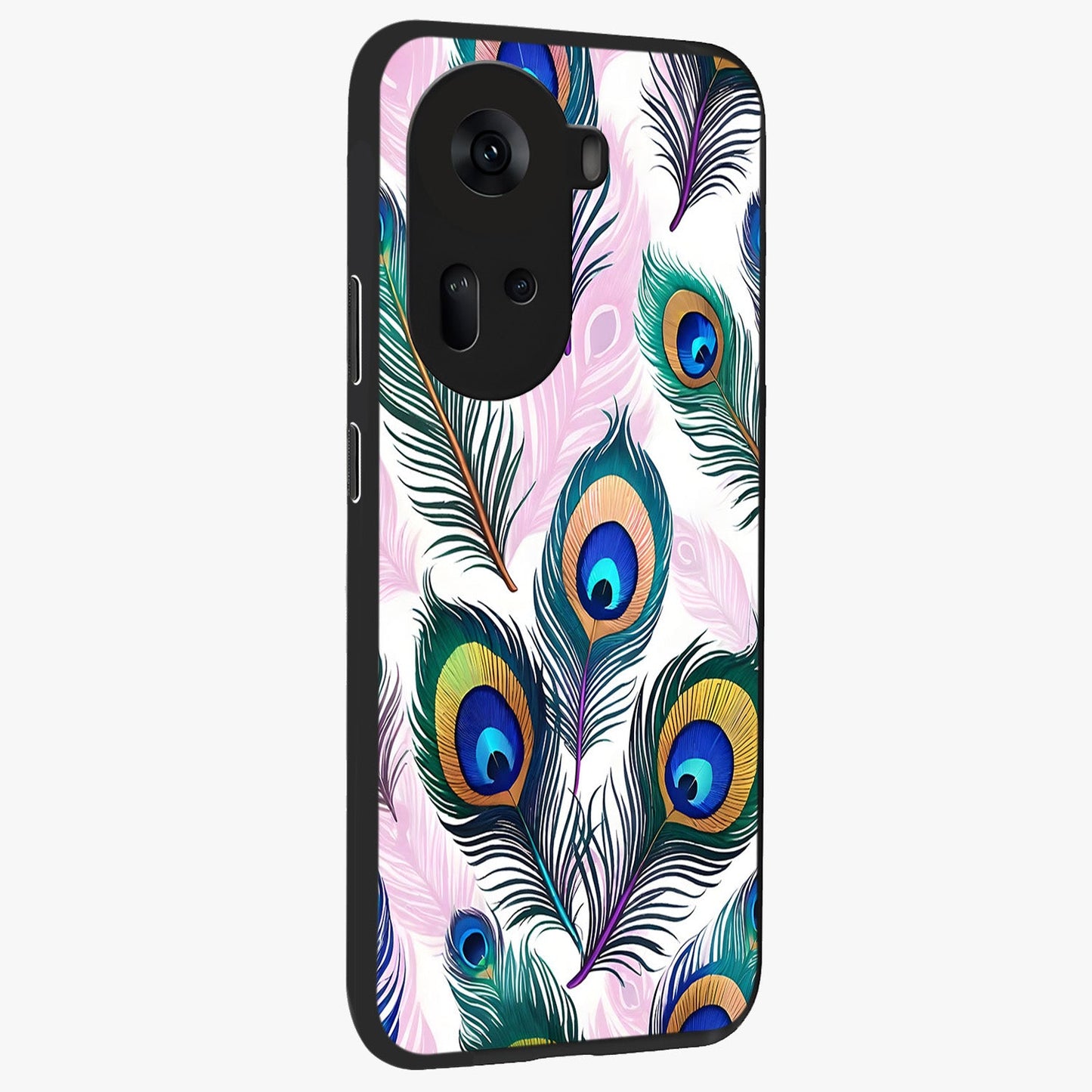 Royal Peacock Feathers Glass Case upright view showcasing elegant peacock feather artwork with decorative royal theme.