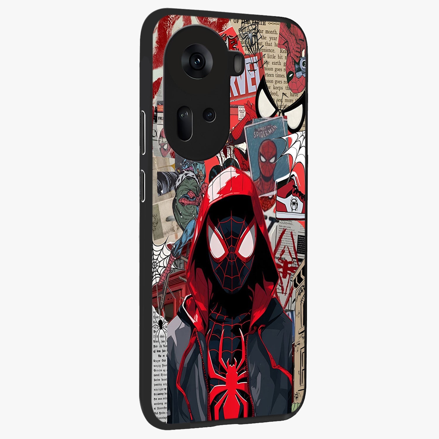 Spider Collage Street Glass Case upright view showcasing bold superhero artwork with urban street theme.