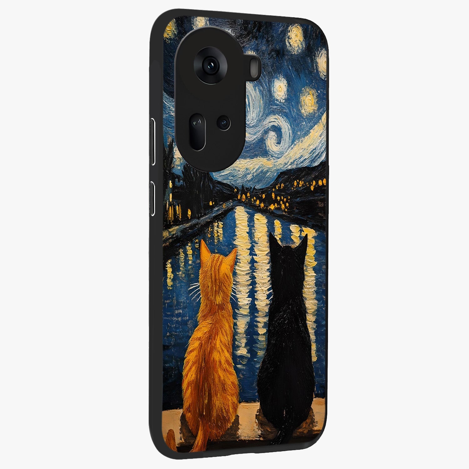 Starry River Cats Glass Case upright view showcasing adorable cat artwork with magical river and stars theme.
