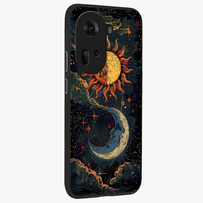 Sun And Moon Magic Design Glass Case upright view showcasing decorative sun and moon artwork with spiritual celestial theme.