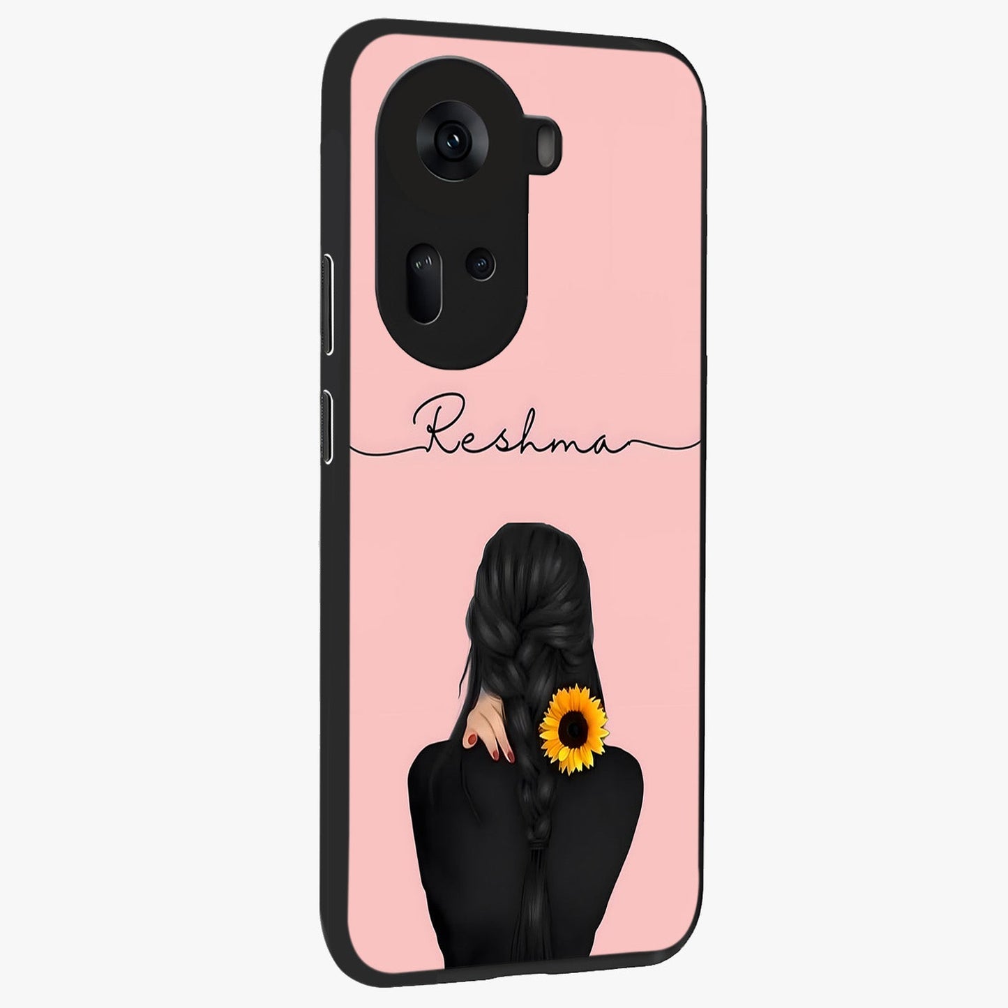 Sunflower Braid Beauty With Custom Name Glass Case upright view showcasing bright sunflower artwork with personalized floral aesthetic.