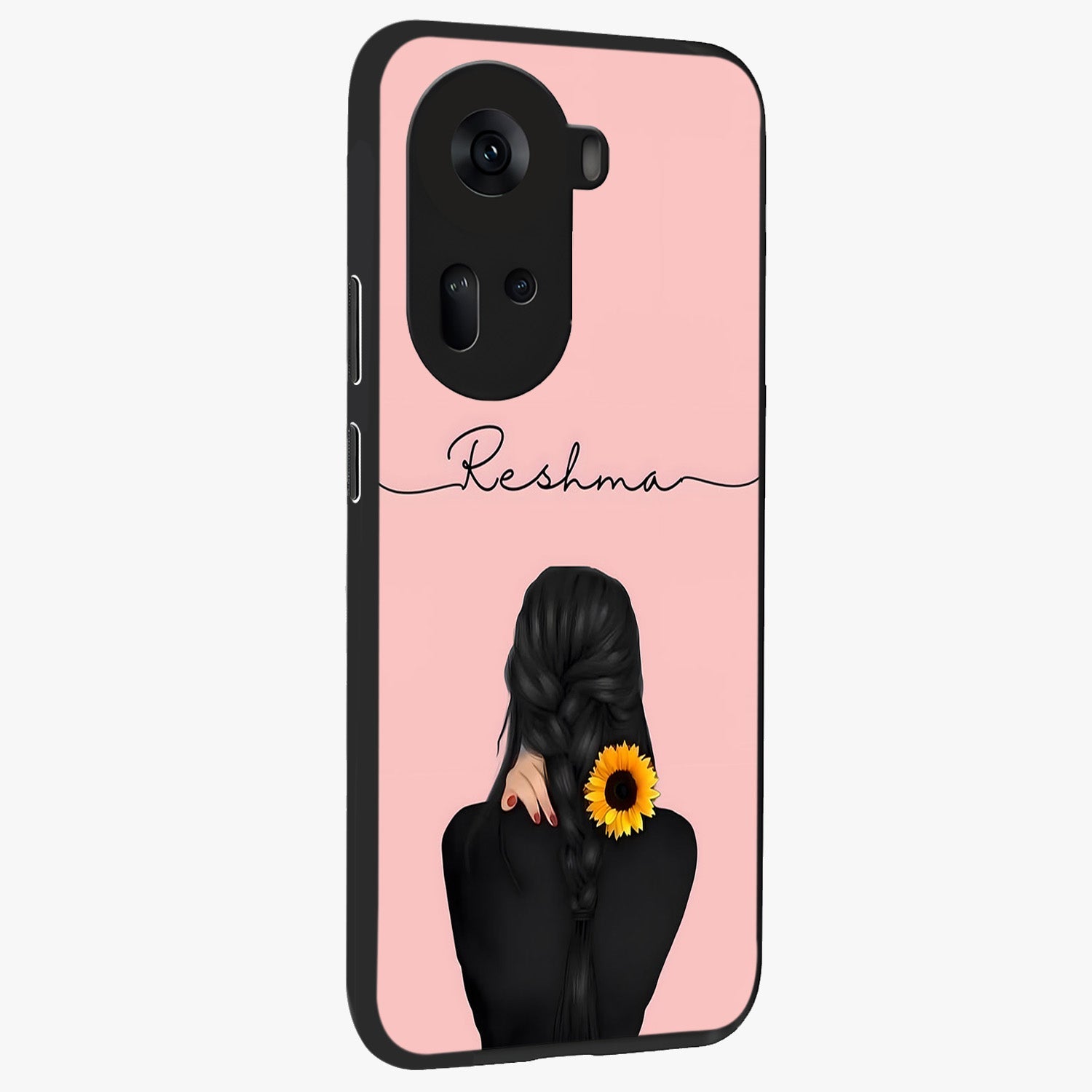 Sunflower Braid Beauty With Custom Name Glass Case upright view showcasing bright sunflower artwork with personalized floral aesthetic.