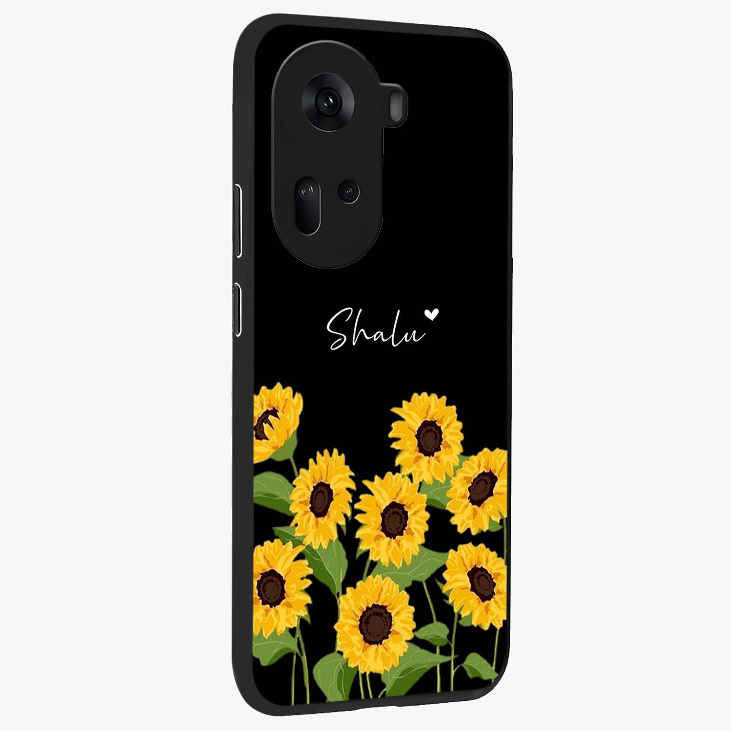 Sunflower Chic Mood Custom Name Glass Case upright view showcasing cheerful sunflower artwork with trendy floral theme.