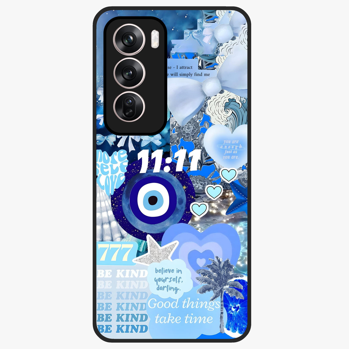 Aesthetic Be Kind Eye Glass Case showing flat back view with motivational eye artwork and glossy glass finish.