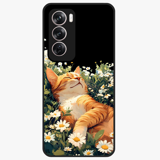 Blissful Bloom Cat Glass Case showing flat back view with cute cat and floral bloom artwork and glossy glass finish.