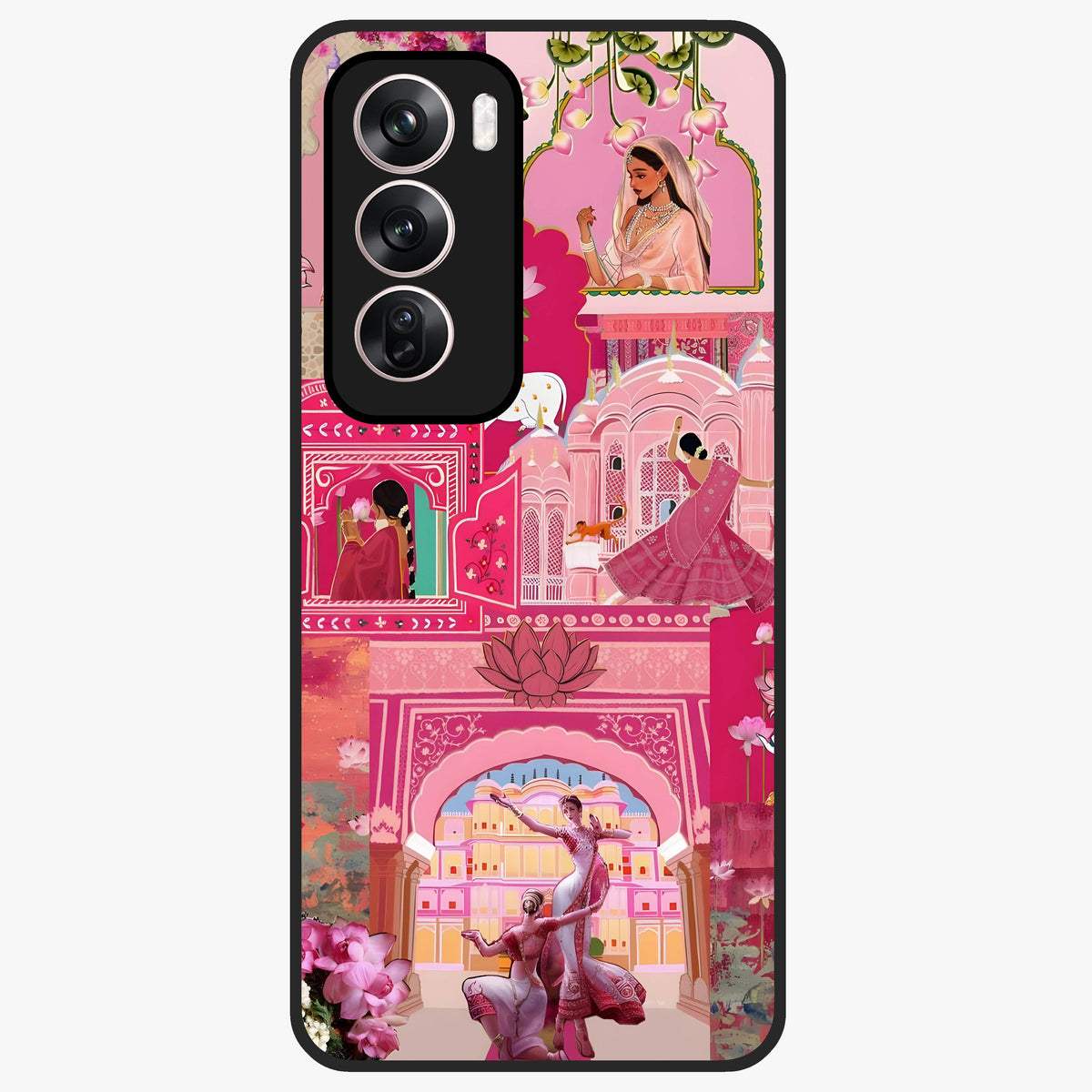 Blossoms of Rajasthan Glass Case showing flat back view with traditional floral artwork inspired by Rajasthan and glossy glass finish.