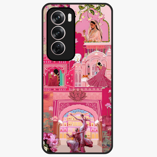 Blossoms of Rajasthan Glass Case showing flat back view with traditional floral artwork inspired by Rajasthan and glossy glass finish.