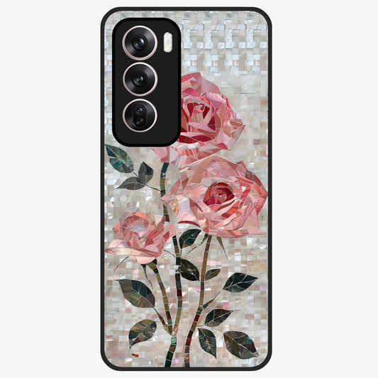 Blush Mosaic Bloom Glass Case showing flat back view with mosaic floral bloom artwork and glossy glass finish.