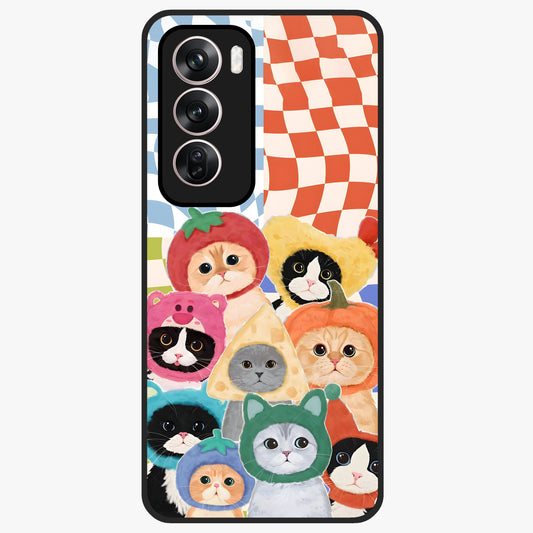 Cats in Fruits Glass Case showing flat back view with playful cat illustrations inside fruit artwork and glossy glass finish.