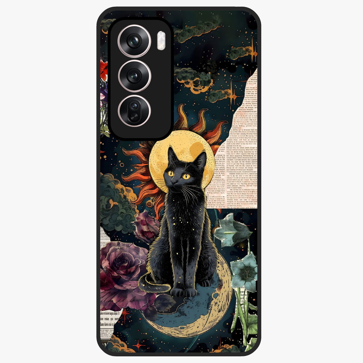 Celestial Black Cat Glass Case showing flat back view with mystical black cat artwork and glossy glass finish.