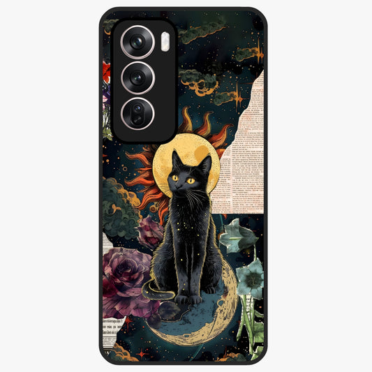 Celestial Black Cat Glass Case showing flat back view with mystical black cat artwork and glossy glass finish.