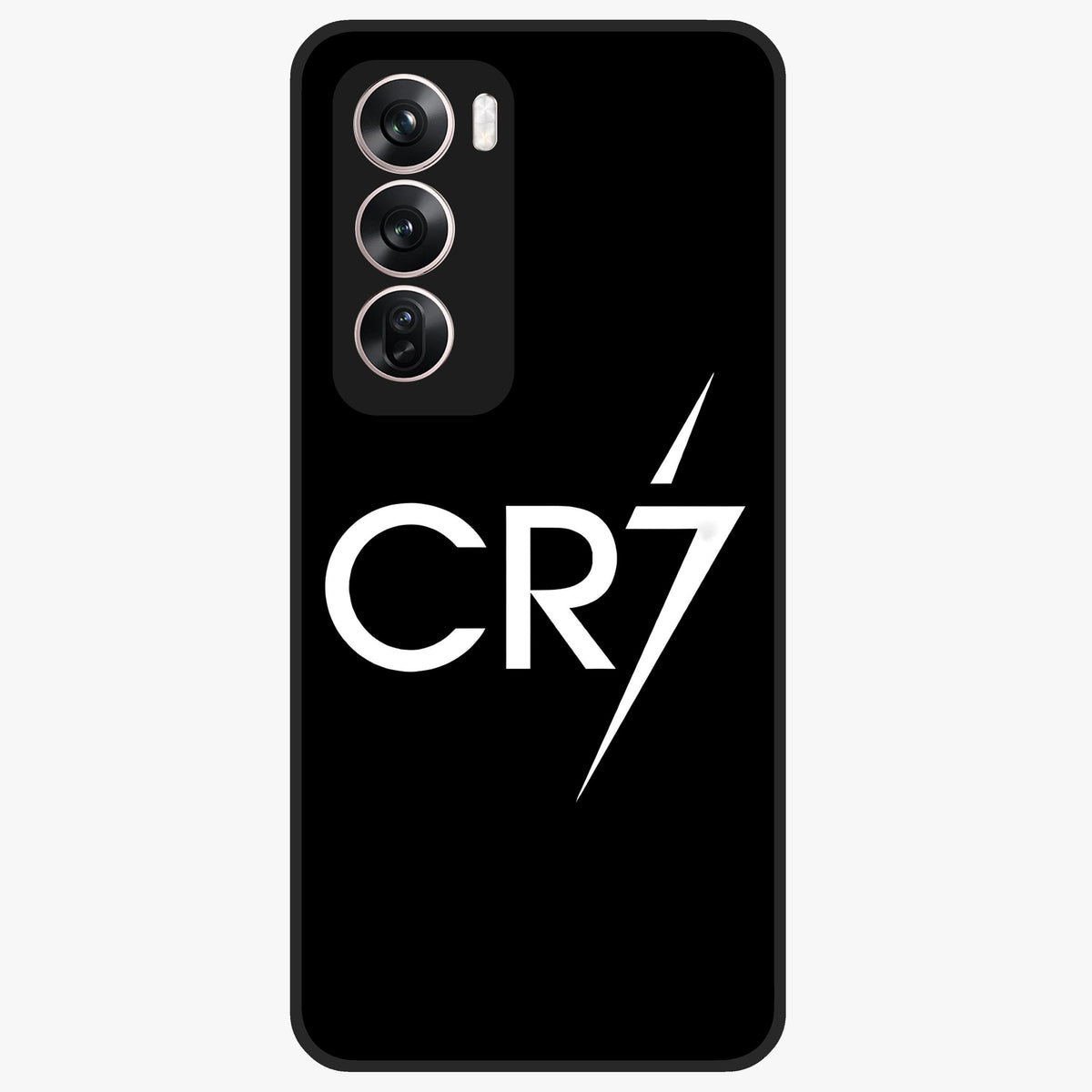 Cr7 Elite Strike Glass Case showing flat back view with dynamic football inspired artwork and glossy glass finish.
