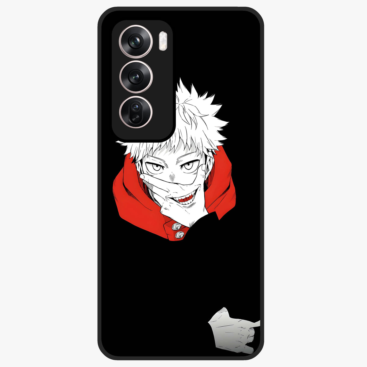 Crimson Chaos Smile Glass Case showing flat back view with bold chaotic smile artwork and glossy glass finish.