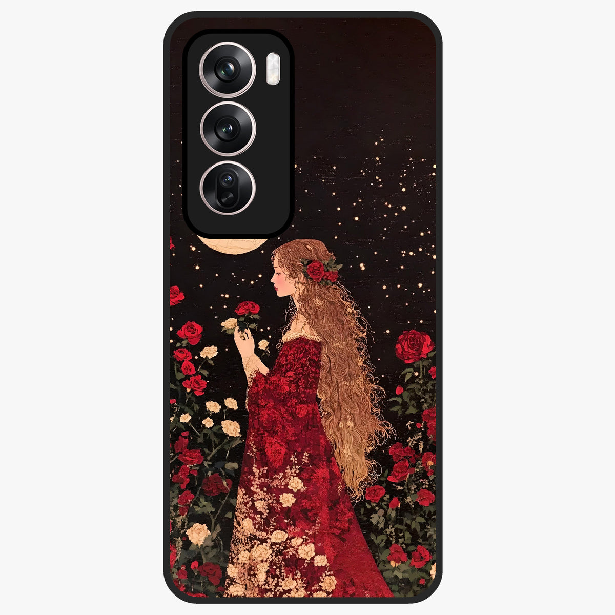Crimson Dreams Glass Case showing flat back view with dreamy crimson artwork and glossy glass finish.
