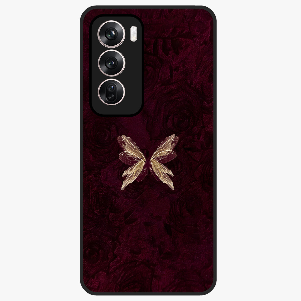 Crimson Fade Butterfly Glass Case showing flat back view with fading butterfly artwork and glossy glass finish.