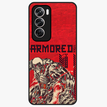 Crimson Mecha Titan Glass Case showing flat back view with powerful mech titan artwork and glossy glass finish.
