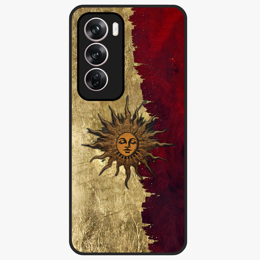 Crimson Sun Majesty Glass Case showing flat back view with radiant sun inspired artwork and glossy glass finish.