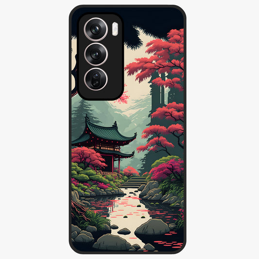 Crimson Temple View Glass Case showing flat back view with temple inspired artwork and glossy glass finish.