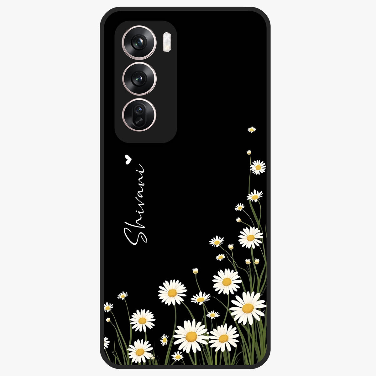 Daisy Cascade Custom Name Glass Case showing flat back view with cascading daisy flowers and personalized name design.