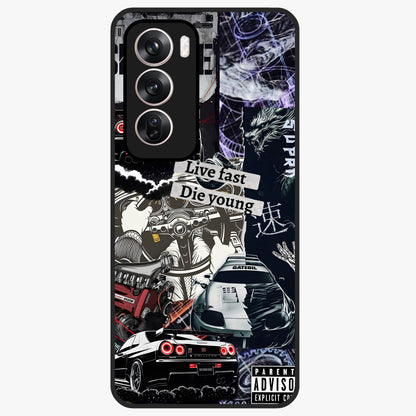 Die Young Glass Case showing flat back view with bold artistic typography design and glossy glass finish.