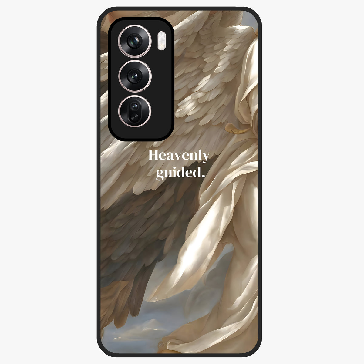 Divine Winged Grace Glass Case showing flat back view with elegant wing inspired artwork and glossy glass finish.