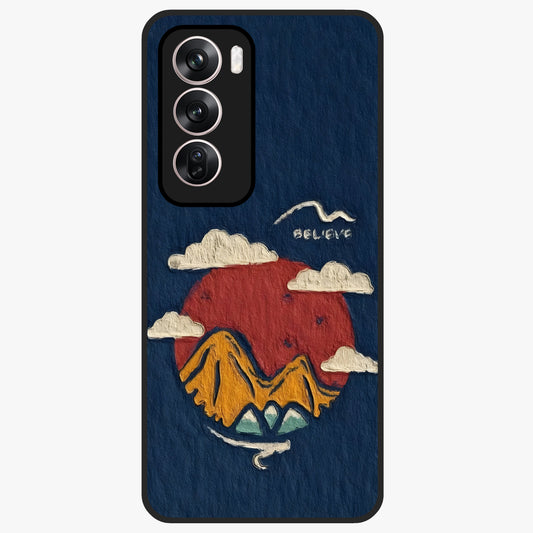 Dream Beyond Mountains Glass Case showing flat back view with scenic mountain landscape artwork and glossy glass finish.
