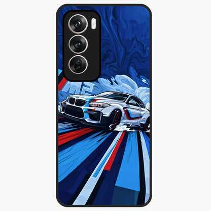 Drift Power Rush Glass Case showing flat back view with dynamic racing inspired artwork and glossy glass finish.