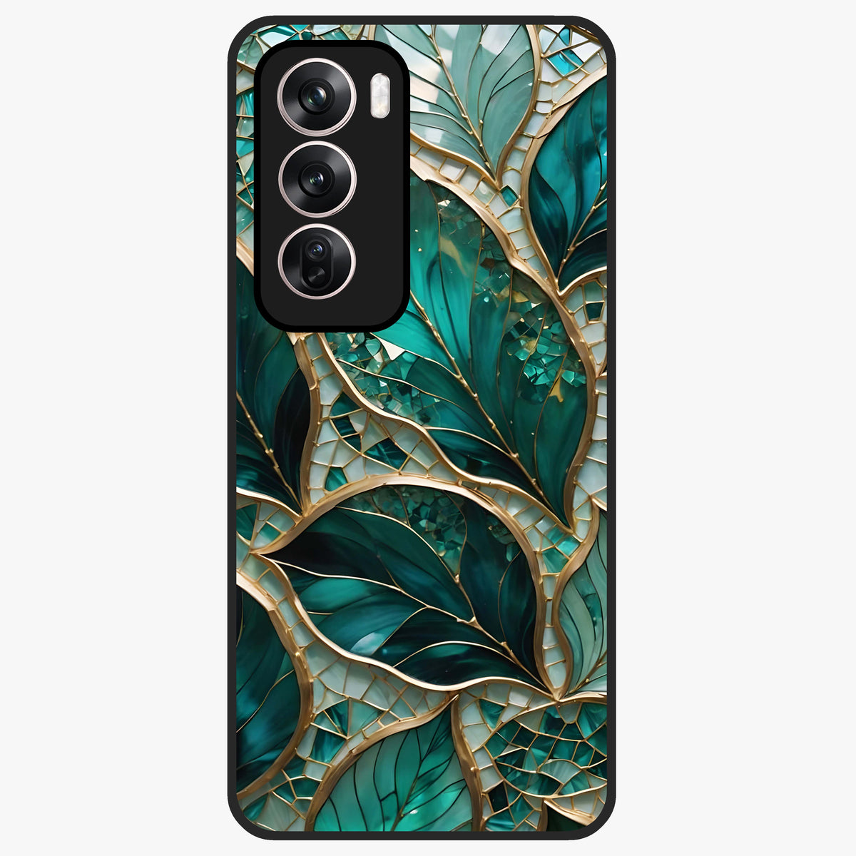 Emerald Leaf Glass Glass Case showing flat back view with emerald green leaf artwork and glossy glass finish.