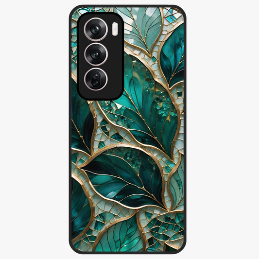 Emerald Leaf Glass Glass Case showing flat back view with emerald green leaf artwork and glossy glass finish.