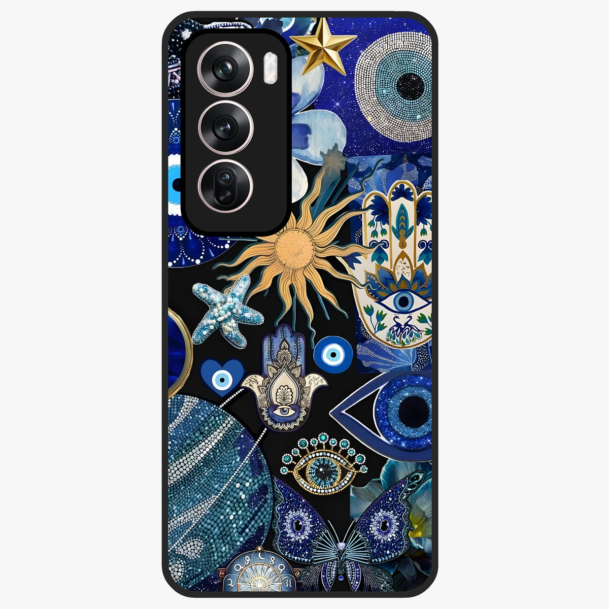 Evil Eye Charm Mix Glass Case showing flat back view with multiple evil eye charms artwork and glossy glass finish.