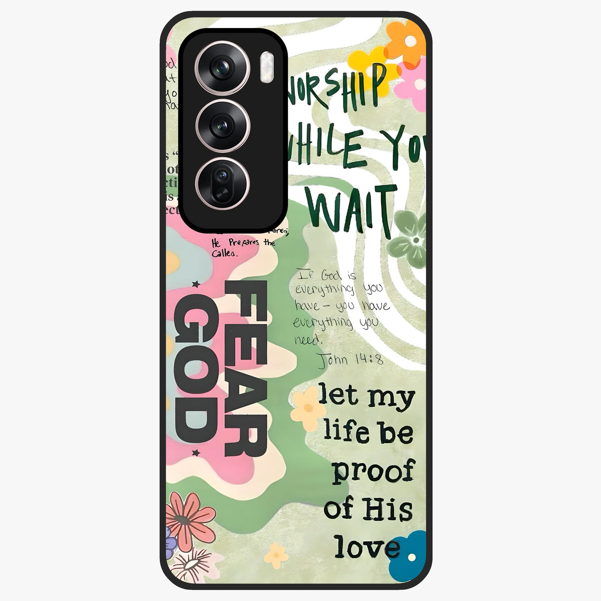Faith Over Fear Glass Case showing flat back view with motivational typography artwork and glossy glass finish.