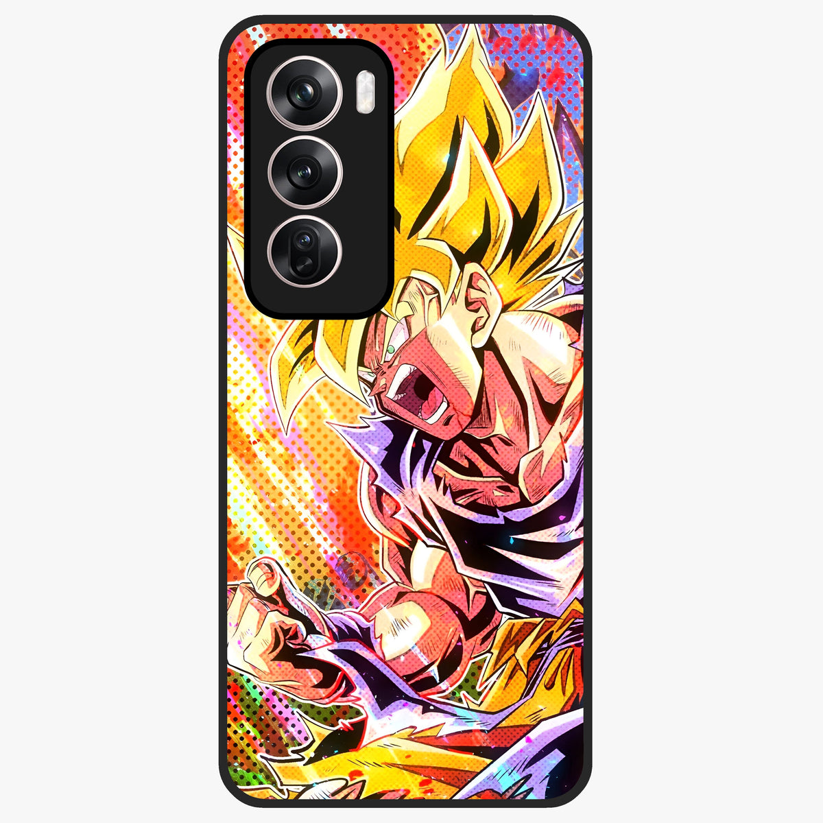 Firing Goku Glass Case showing flat back view with powerful anime inspired artwork and glossy glass finish.