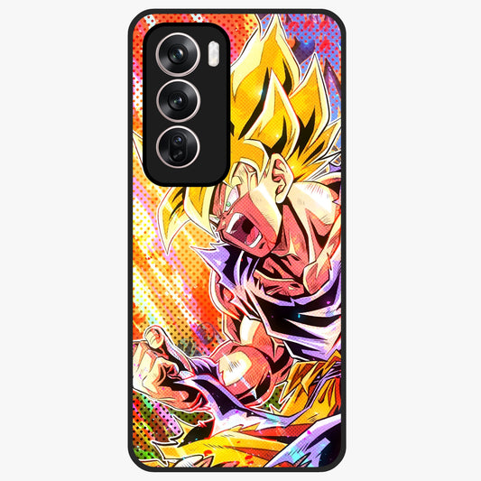 Firing Goku Glass Case showing flat back view with powerful anime inspired artwork and glossy glass finish.