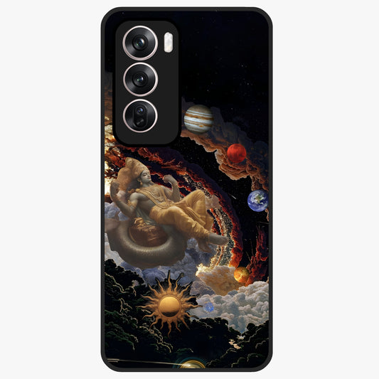 Galactic Divine God Glass Case showing flat back view with divine cosmic themed artwork and glossy glass finish.