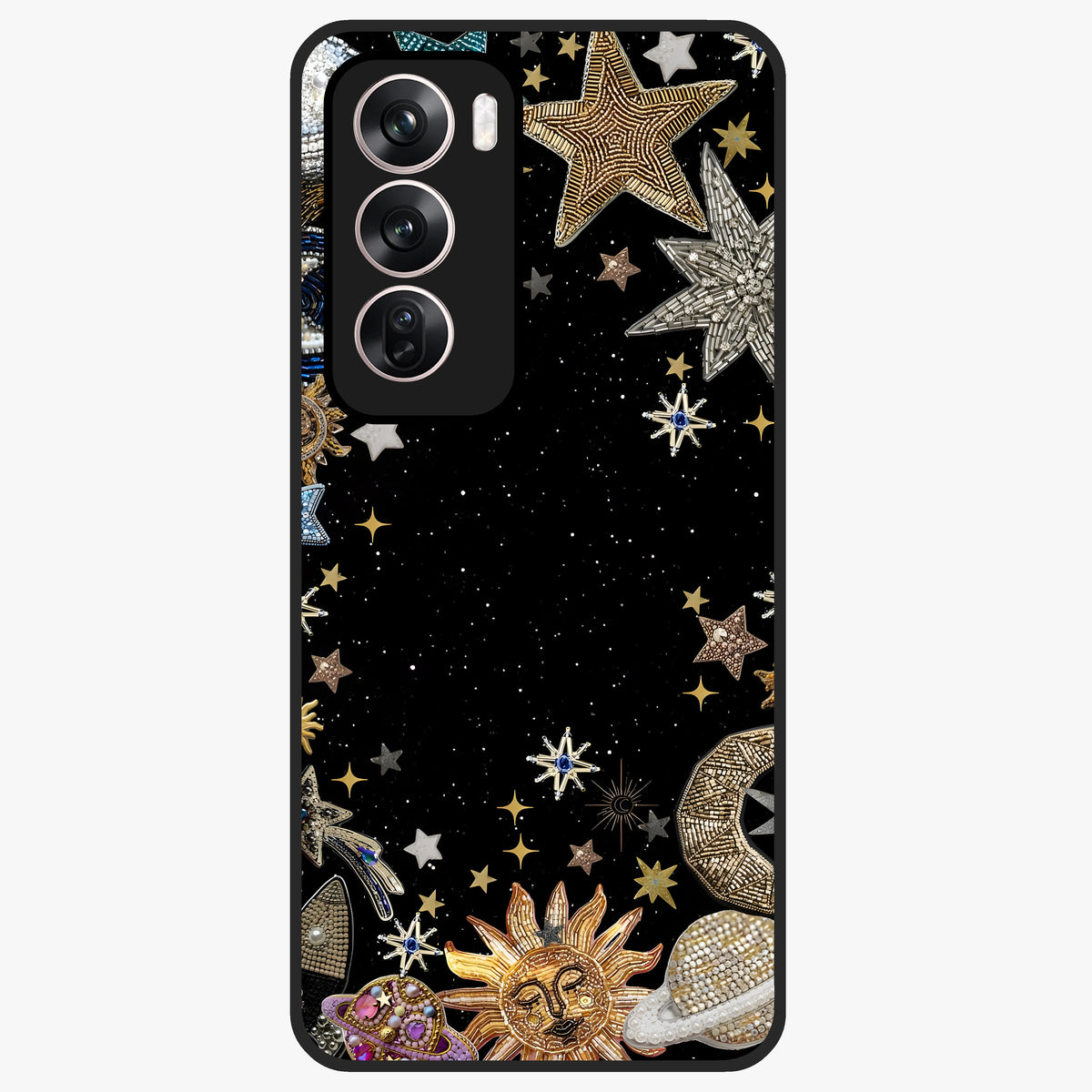 Galactic Jewel Stars Glass Case showing flat back view with sparkling star jewel artwork and glossy glass finish.