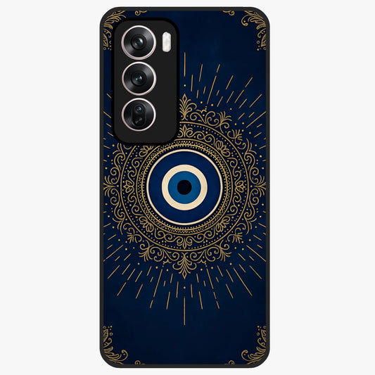 Golden Evil Eye Mandala Glass Case showing flat back view with intricate evil eye mandala artwork and glossy glass finish.