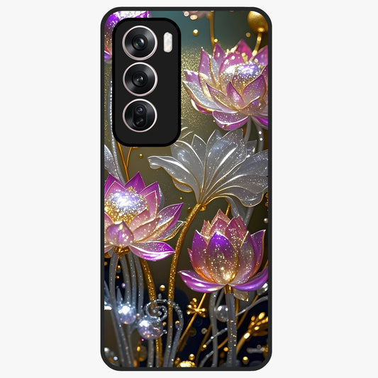 Golden Lotus Glow Glass Case showing flat back view with glowing lotus flower artwork and glossy glass finish.