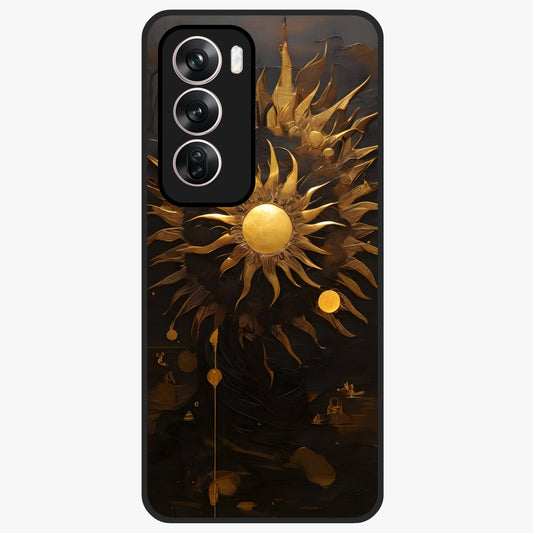Golden Sun Majesty Glass Case showing flat back view with radiant golden sun artwork and glossy glass finish.