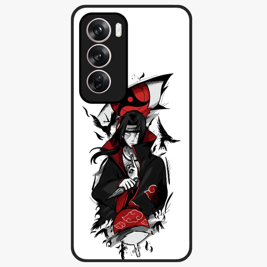 Itachi Sharingan Glass Case showing flat back view with powerful anime eye artwork and glossy glass finish.