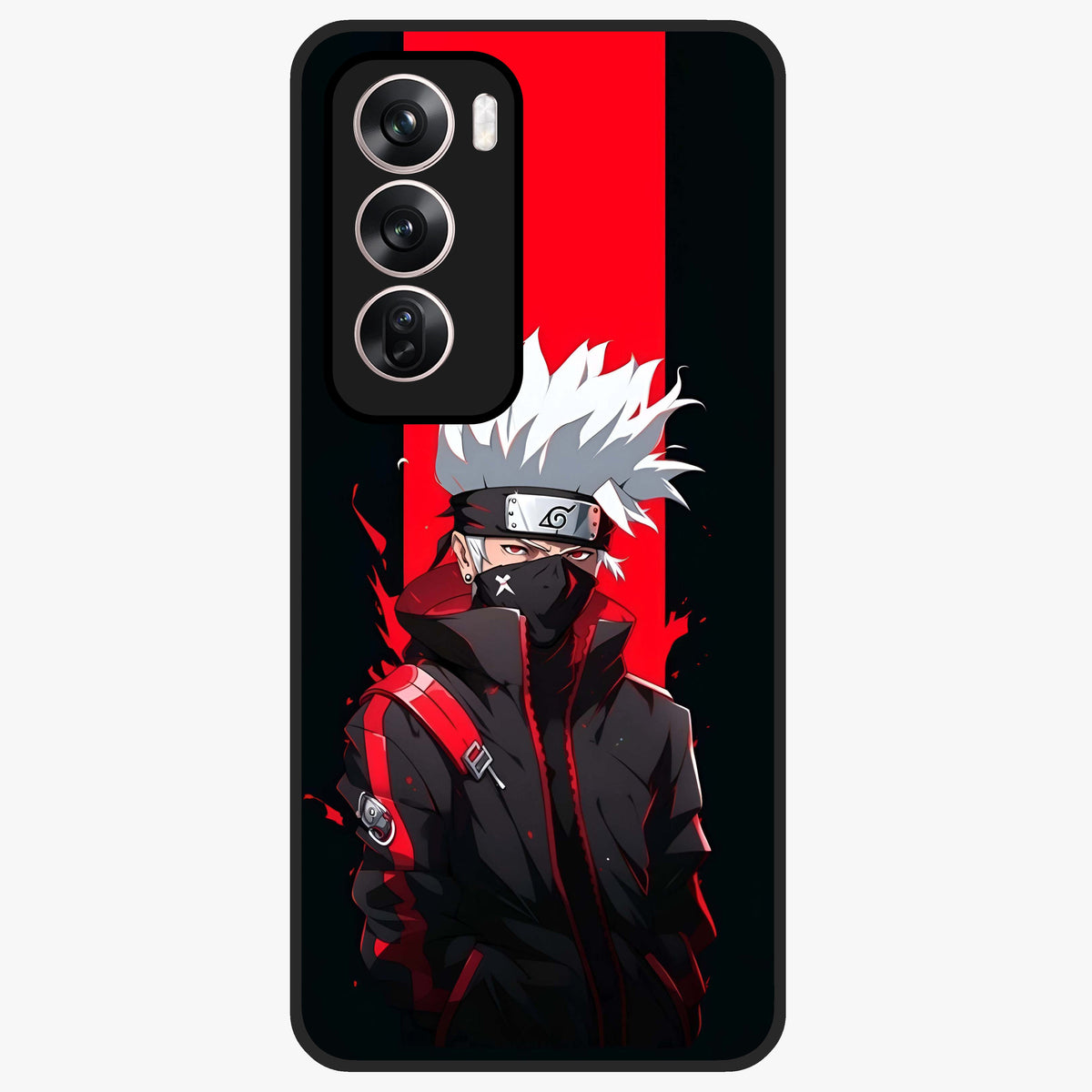 Kakashi Scarlet Shadow Glass Case showing flat back view with powerful anime ninja artwork and glossy glass finish.