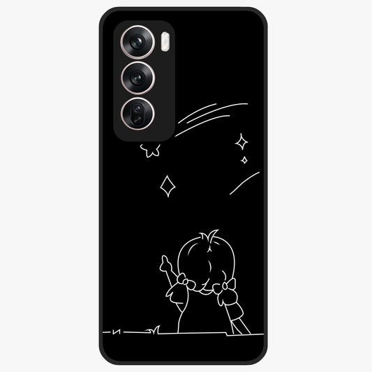 Line Art Girl With Shooting Stars Glass Case showing flat back view with minimal line art girl and shooting stars illustration and glossy glass finish.