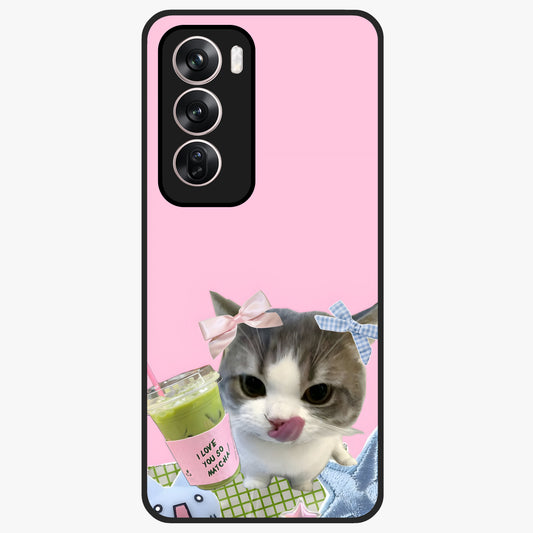 Love Matcha Cat Glass Case showing flat back view with cute cat and matcha themed artwork and glossy glass finish.