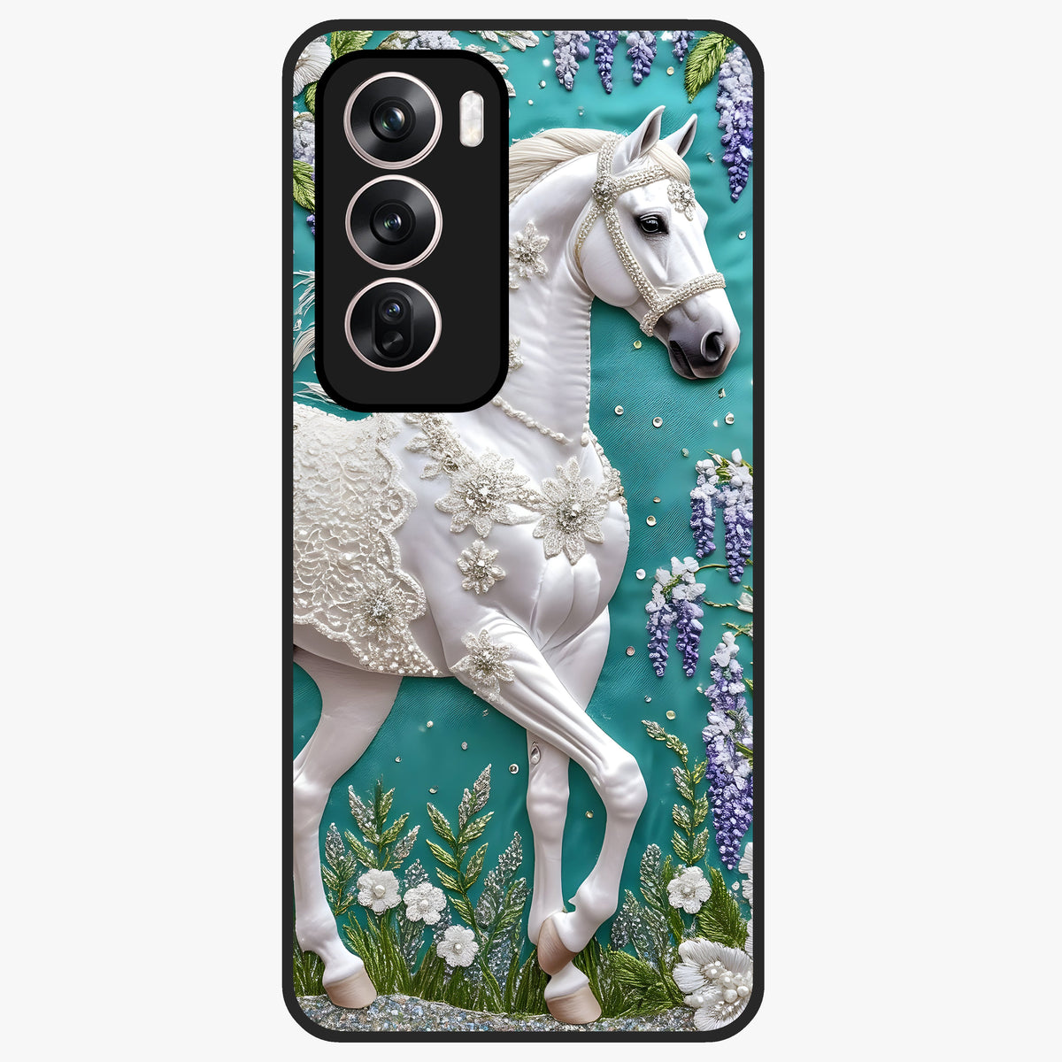 Majestic Floral Stallion Glass Case showing flat back view with powerful horse and floral artwork and glossy glass finish.